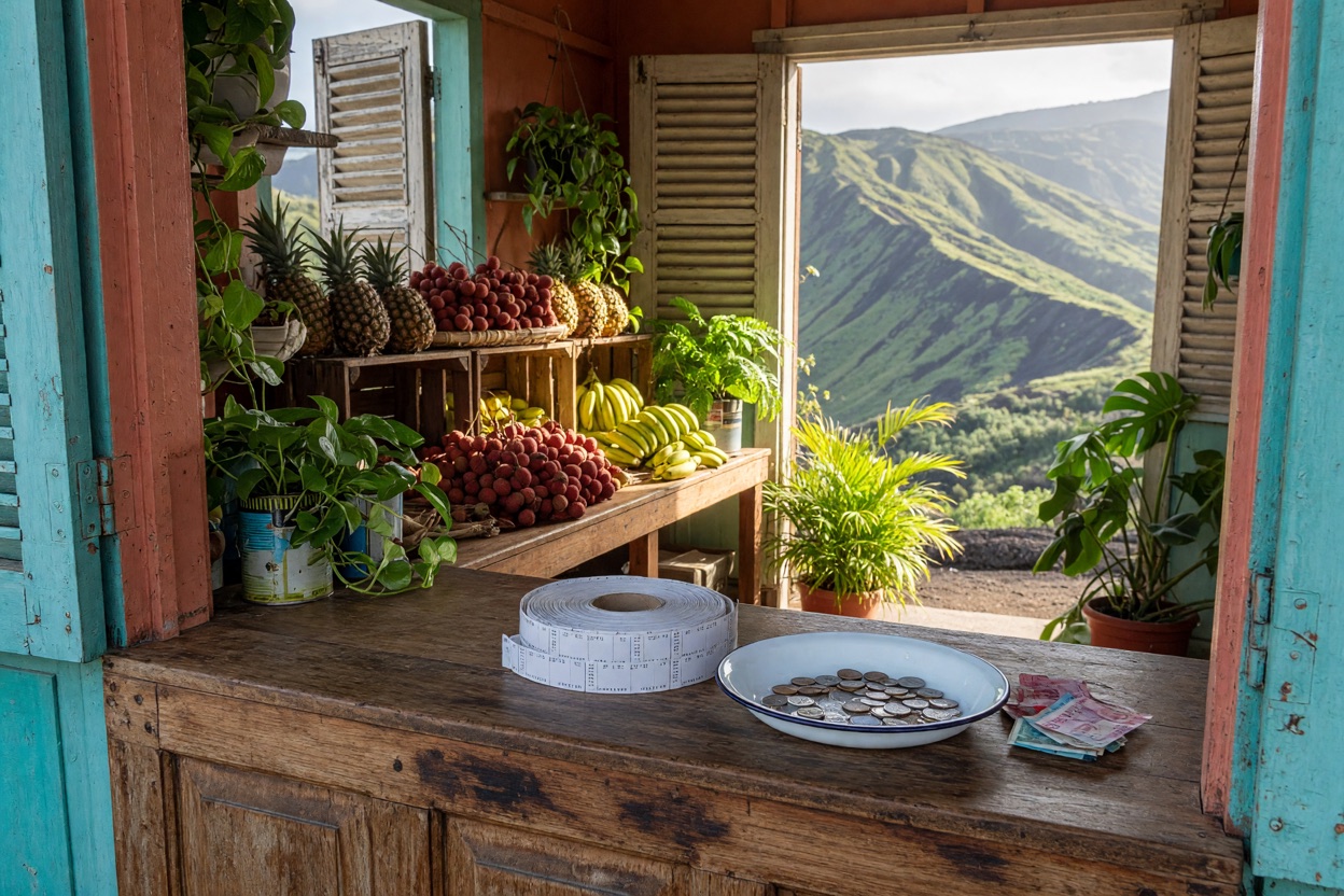 Comptoir en bois d'une petite épicerie créole à La Réunion, rouleau de tickets et coupelle de monnaie, étals d'ananas, de letchis et de bananes, montagnes visibles par la porte ouverte