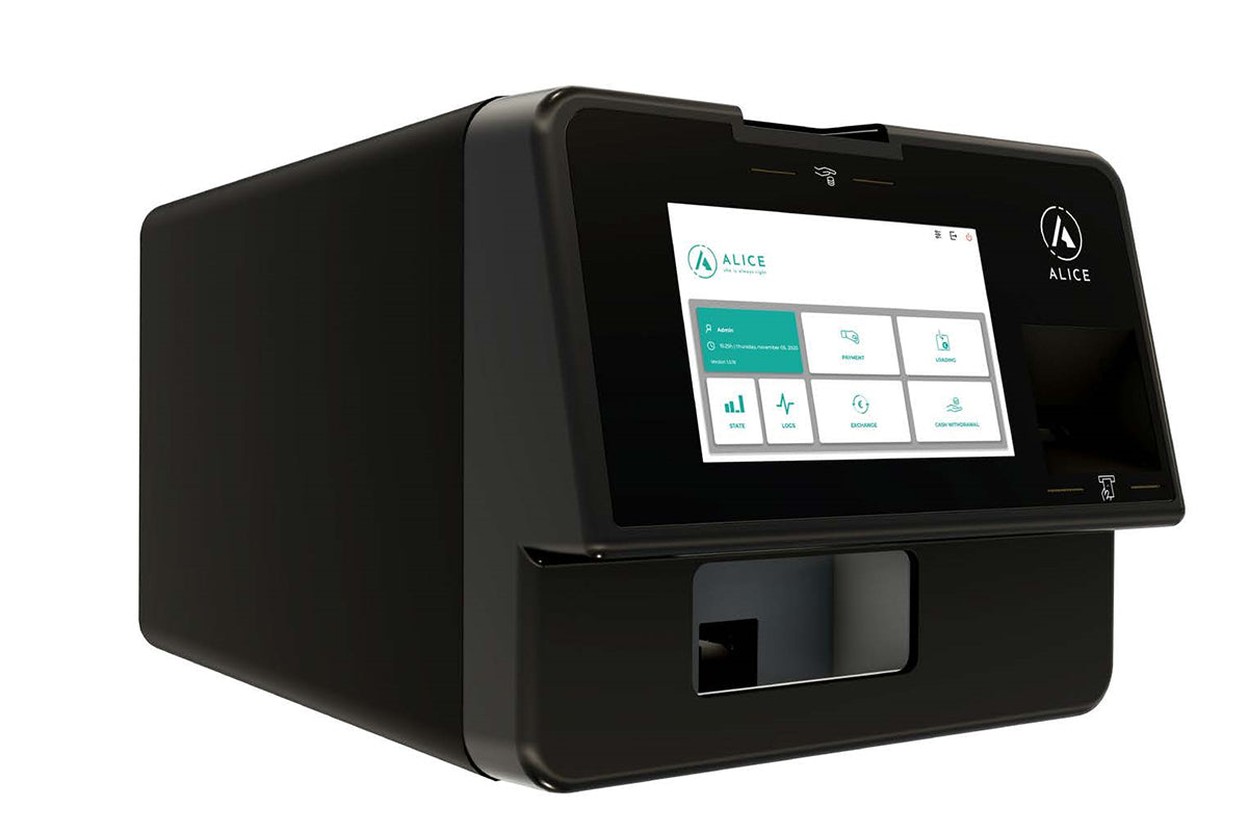 Monnayeur automatique Alice : caisse automatique compacte à écran tactile, avec fente d'insertion des billets et bac de restitution des pièces