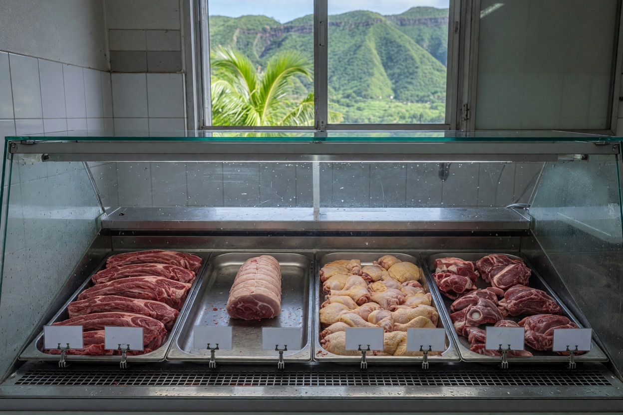 Vitrine réfrigérée d'une boucherie de quartier avec bœuf, rôti de porc, poulet et cabri sur plateaux inox, pique-prix blancs, palmiers et montagnes derrière la fenêtre