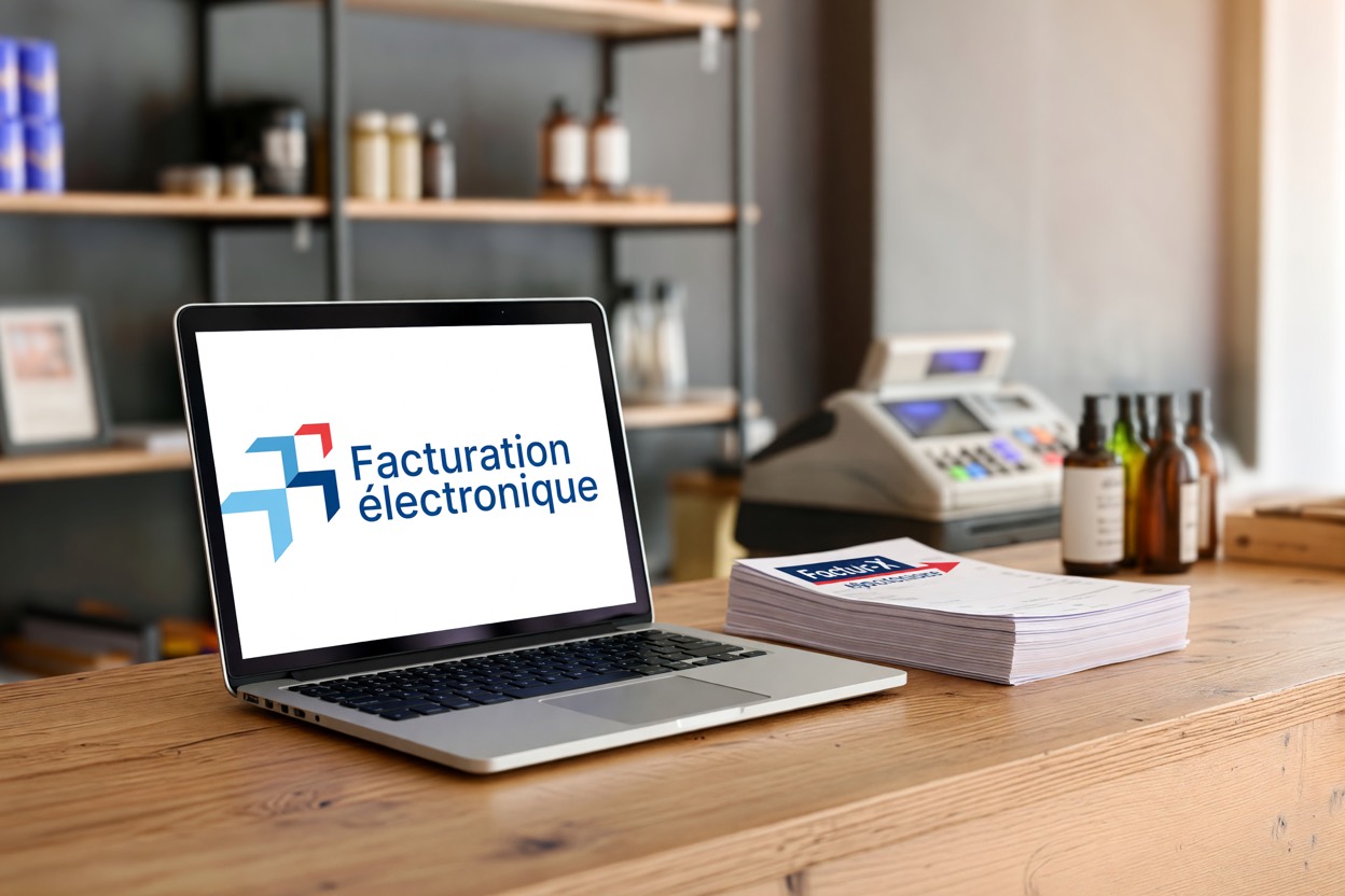Logo de la facturation électronique affiché sur un ordinateur portable