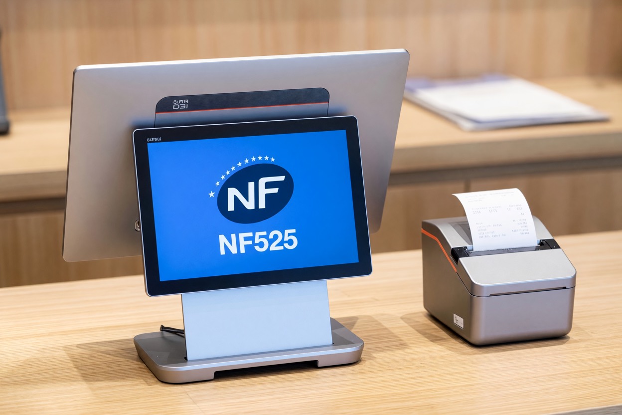 Badge de certification NF sur l'écran d'une caisse tactile