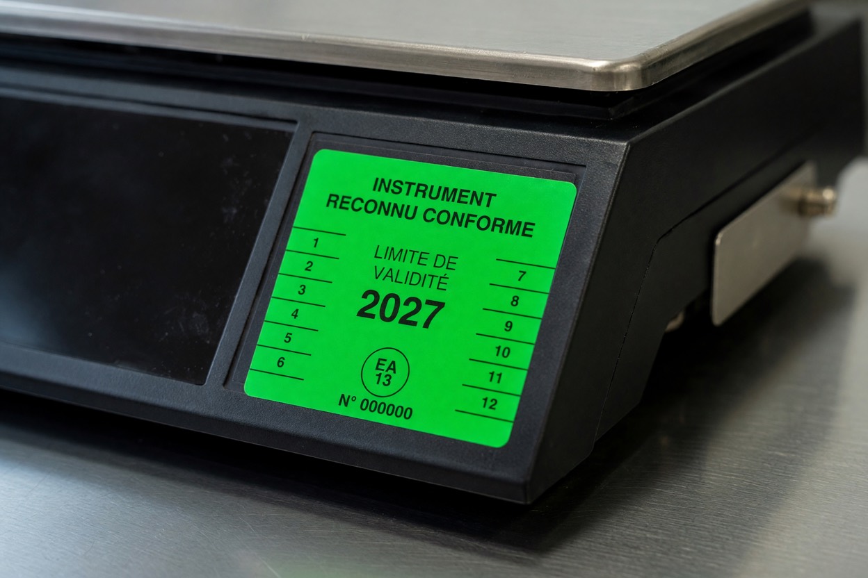 Vignette verte de vérification métrologique sur une balance commerciale