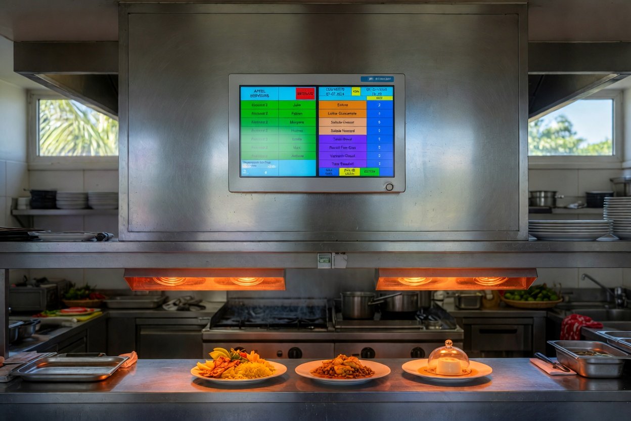 Écran cuisine PI Electronique Spin Chef fixé au-dessus du passe d'une cuisine professionnelle inox