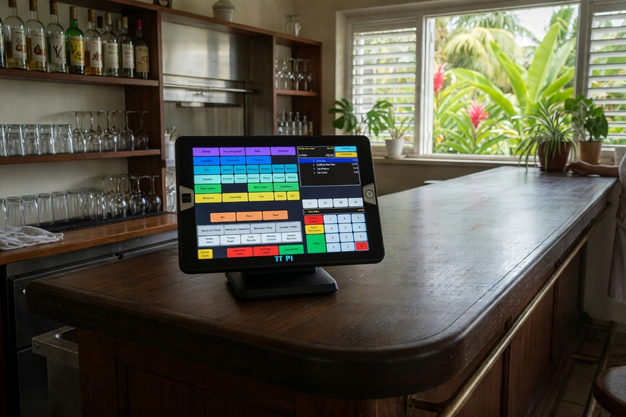 Caisse tactile PI Electronique Spin 12 pouces posée sur le comptoir en bois d'un restaurant à La Réunion