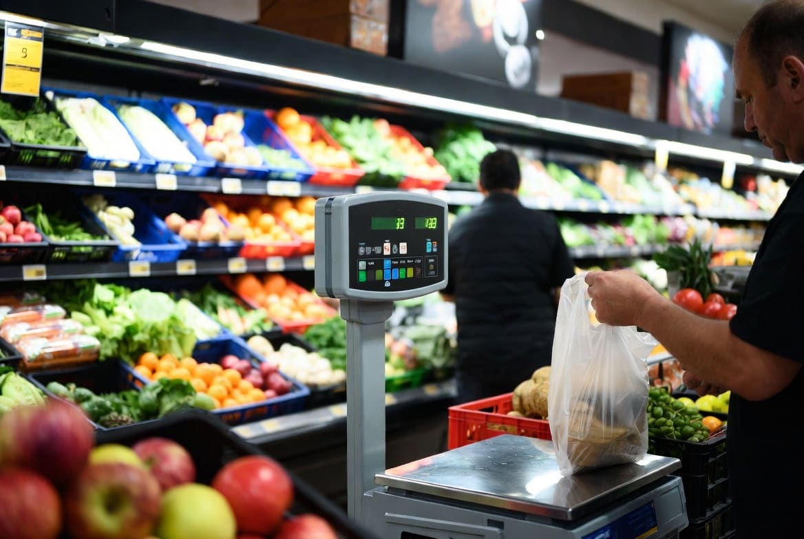Supérette épicerie 974 — pesée de fruits et légumes sur balance libre-service