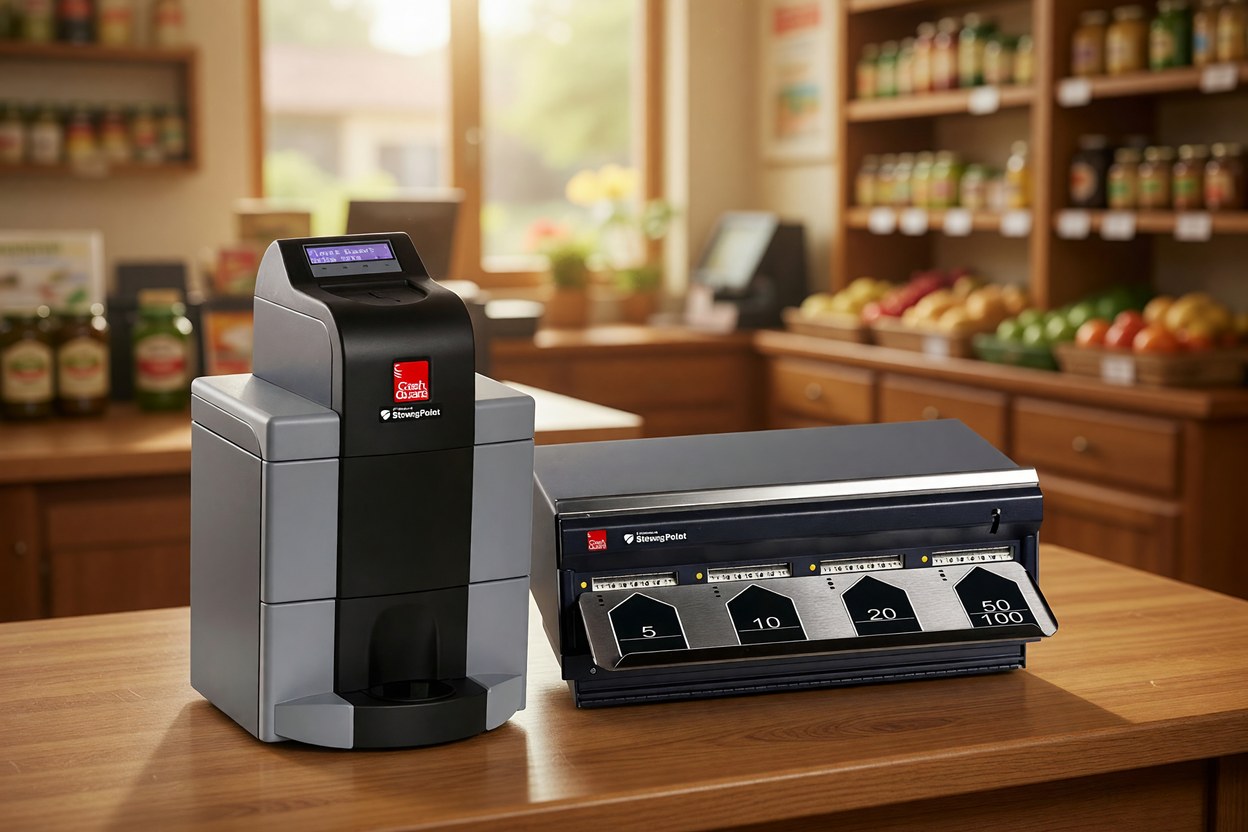 Monnayeur automatique CashGuard Premium sur le comptoir d'un commerce