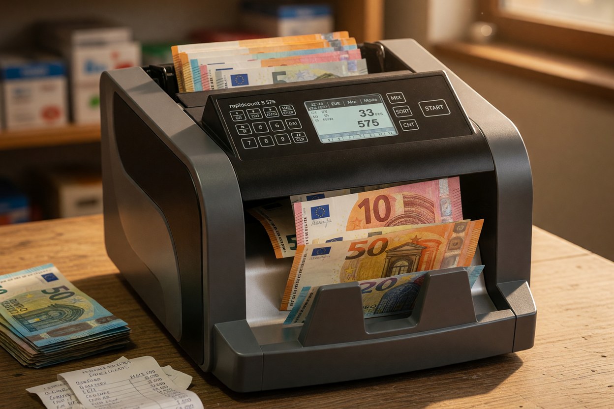 Compteuse de billets ratiotec rapidcount S 575 en fin de journ&eacute;e, billets en euros dans le bac de r&eacute;ception