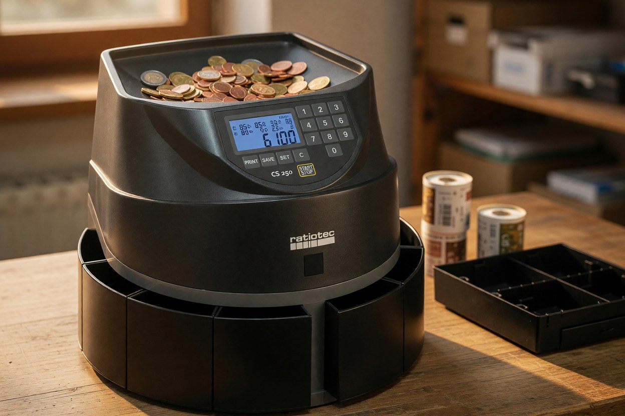 Compteuse et trieuse de pièces ratiotec CS 250 sur le bureau d’une arrière-boutique, pièces en euros et gobelets de tri