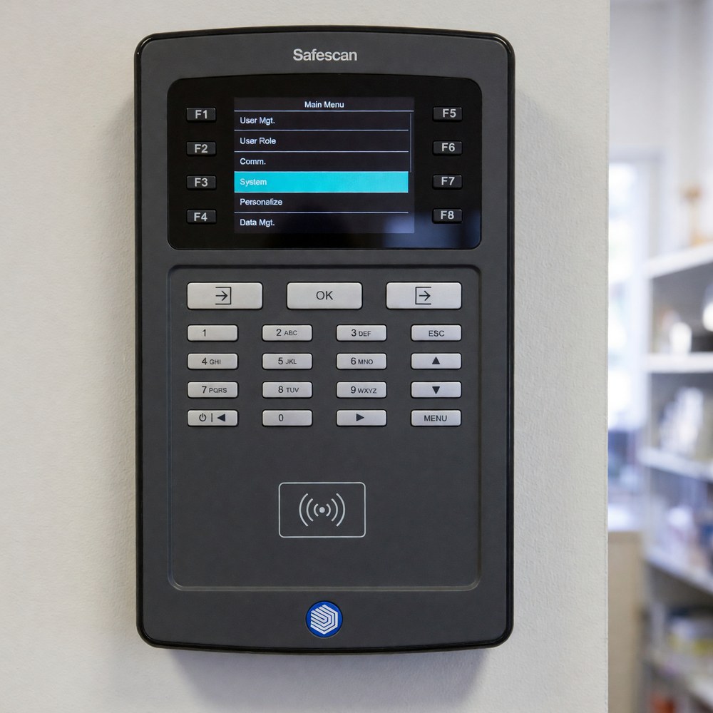 Pointeuse badgeuse Safescan fixée au mur à l'entrée de la réserve d'un commerce