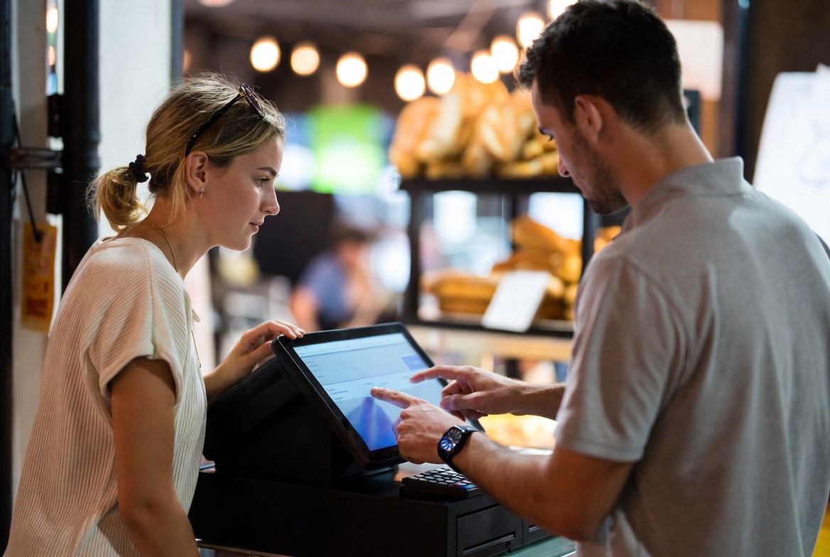 Formateur BRL accompagnant une équipe de commerce sur une caisse tactile 974