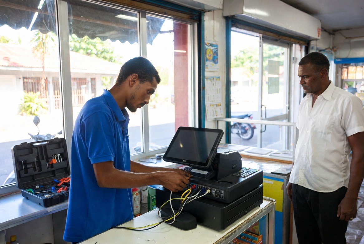Technicien BRL installant une caisse tactile dans un commerce péi 974