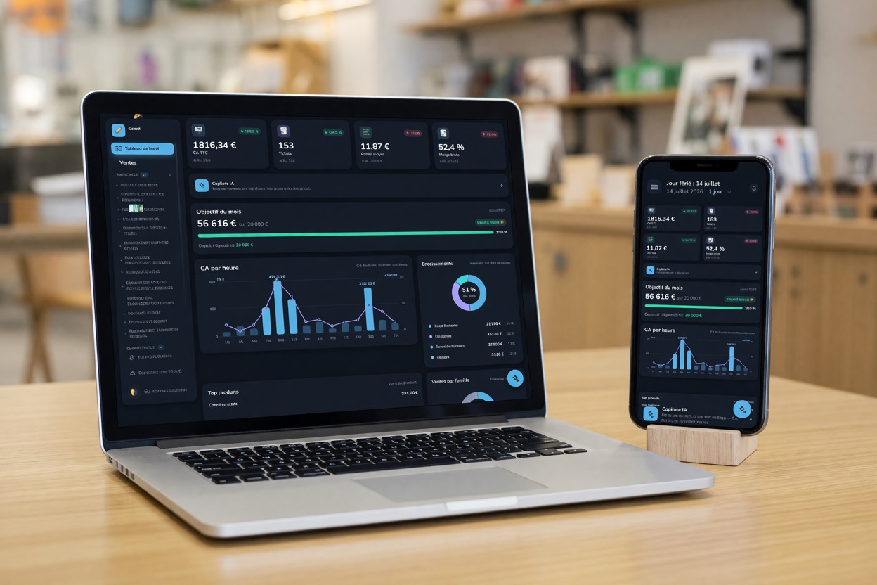 Dashboard de pilotage des ventes affiché sur Mac et iPhone